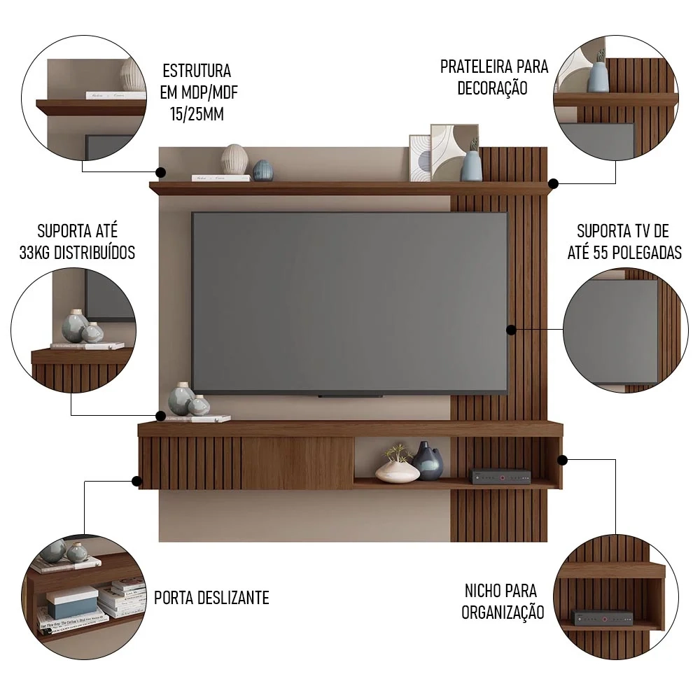 Painel para TV Suspenso 55 Pol. Helen C01 Fendi/Havana - Mpozenato