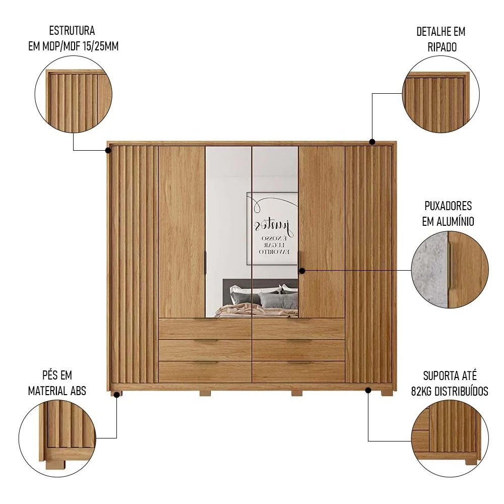 Guarda Roupa Casal Com 2 Espelhos 6 Portas Martin C01 Buriti - Mpozenato