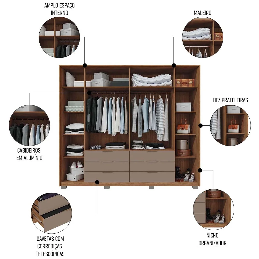 Guarda Roupa Casal Com 2 Espelhos 6 Portas Martin C01 Buriti/Fendi - Mpozenato
