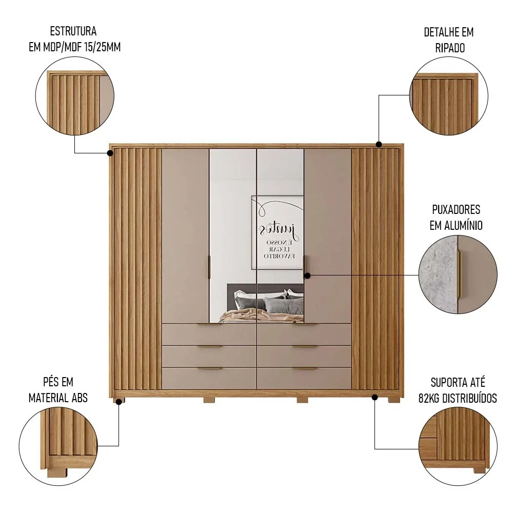 Guarda Roupa Casal Com 2 Espelhos 6 Portas Martin C01 Buriti/Fendi - Mpozenato
