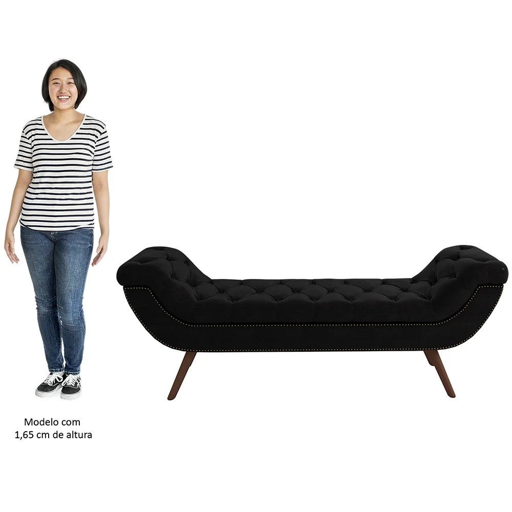 Puff Recamier Calçadeira 195cm Pés Palito Madeira Venêto Z37 Sintético Preto - Mpozenato