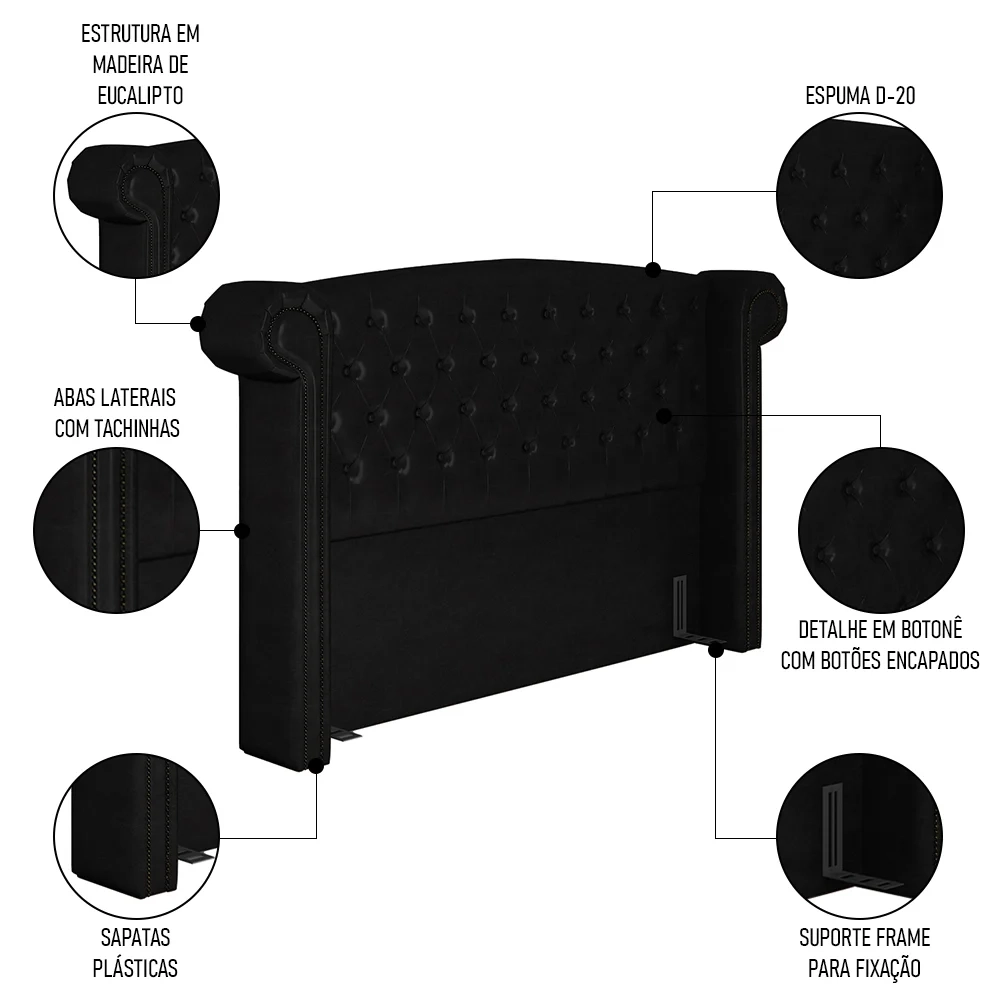 Cabeceira Cama Box Queen 160cm Provença Z37 Sintético Preto - Mpozenato