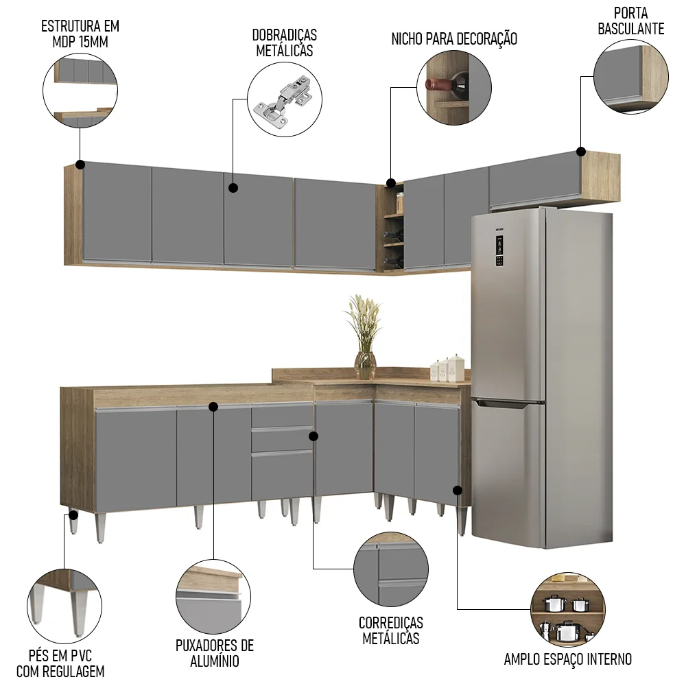 Armário de Cozinha Modulado de Canto 7 Peças CP22 Balcão sem Tampo Castanho/Cinza - Lumil