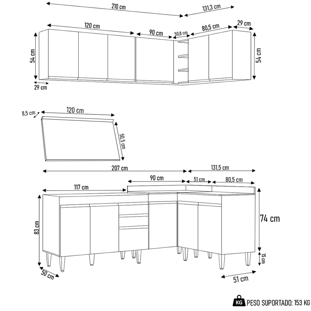 Armário de Cozinha Modulado de Canto 6 Peças CP29 Balcão com Tampo Branco/Preto - Lumil