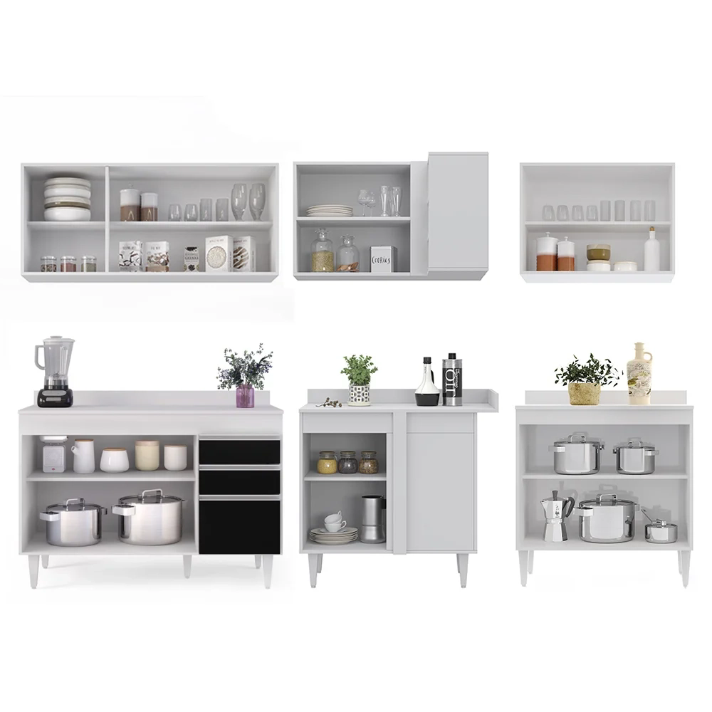 Armário de Cozinha Modulado de Canto 6 Peças CP29 Balcão com Tampo Branco/Preto - Lumil