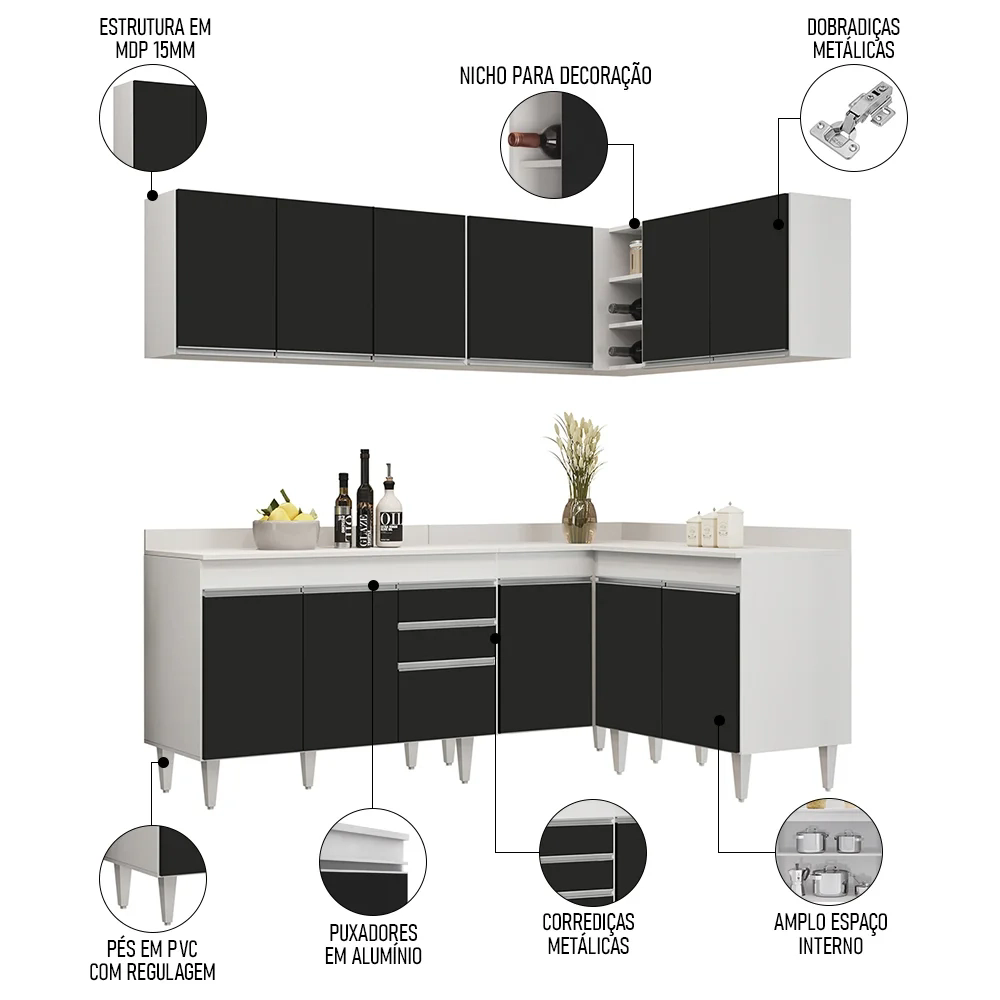 Armário de Cozinha Modulado de Canto 6 Peças CP29 Balcão com Tampo Branco/Preto - Lumil