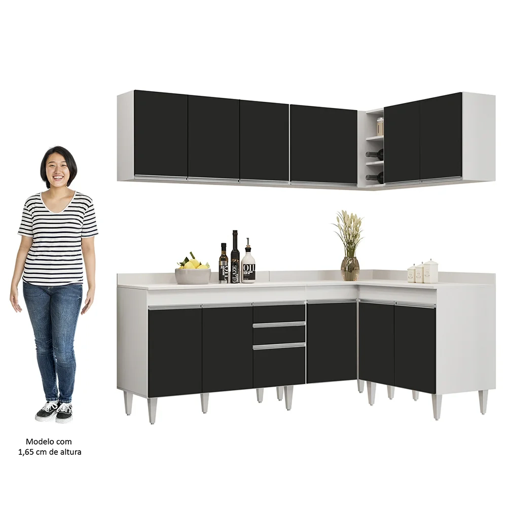 Armário de Cozinha Modulado de Canto 6 Peças CP29 Balcão com Tampo Branco/Preto - Lumil