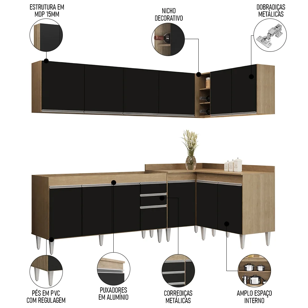 Armário de Cozinha Modulado de Canto 6 Peças CP31 Balcão sem Tampo Castanho/Preto - Lumil