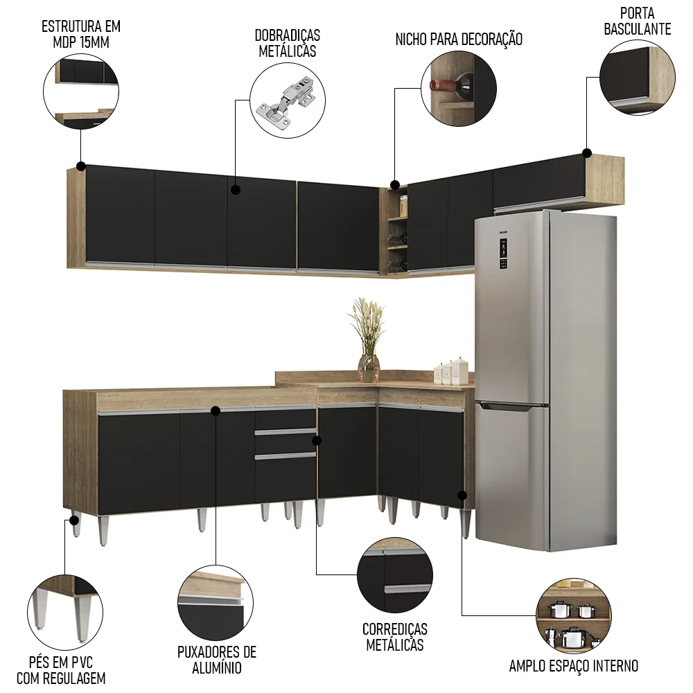 Armário de Cozinha Modulado de Canto 7 Peças CP22 Balcão sem Tampo Castanho/Preto - Lumil