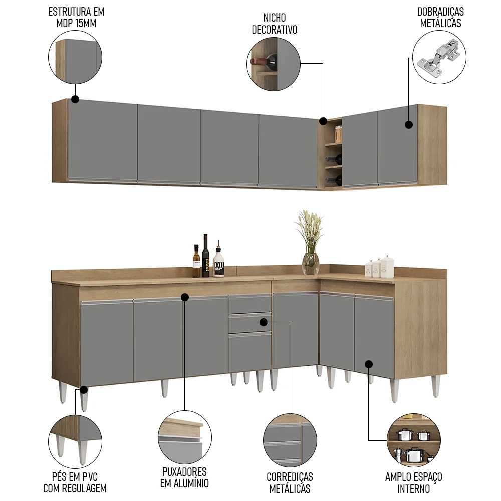 Armário de Cozinha Modulado de Canto 6 Peças CP32 Balcão com Tampo Castanho/Cinza - Lumil