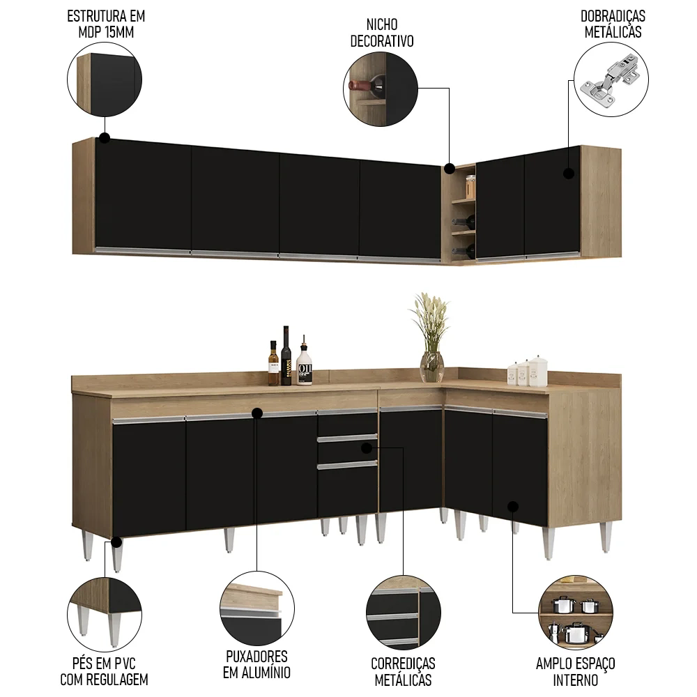 Armário de Cozinha Modulado de Canto 6 Peças CP32 Balcão com Tampo Castanho/Preto - Lumil