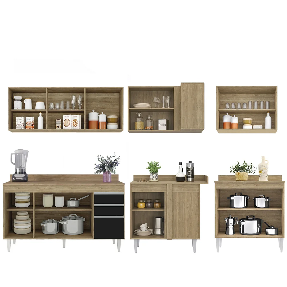 Armário de Cozinha Modulado de Canto 6 Peças CP32 Balcão com Tampo Castanho/Preto - Lumil