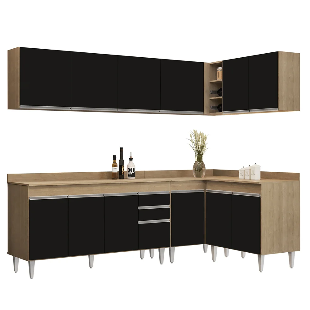 Armário de Cozinha Modulado de Canto 6 Peças CP32 Balcão com Tampo Castanho/Preto - Lumil