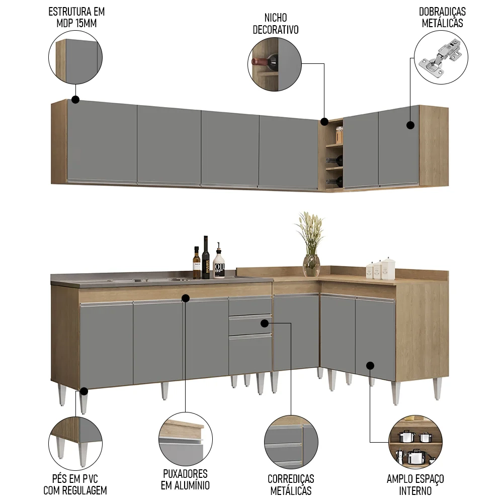Armário de Cozinha Modulado de Canto 6 Peças CP33 com Pia Inox Castanho/Cinza - Lumil