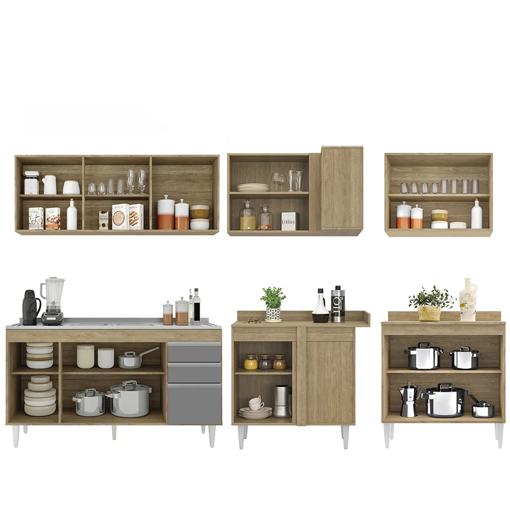 Armário de Cozinha Modulado de Canto 6 Peças CP33 com Pia Inox Castanho/Cinza - Lumil