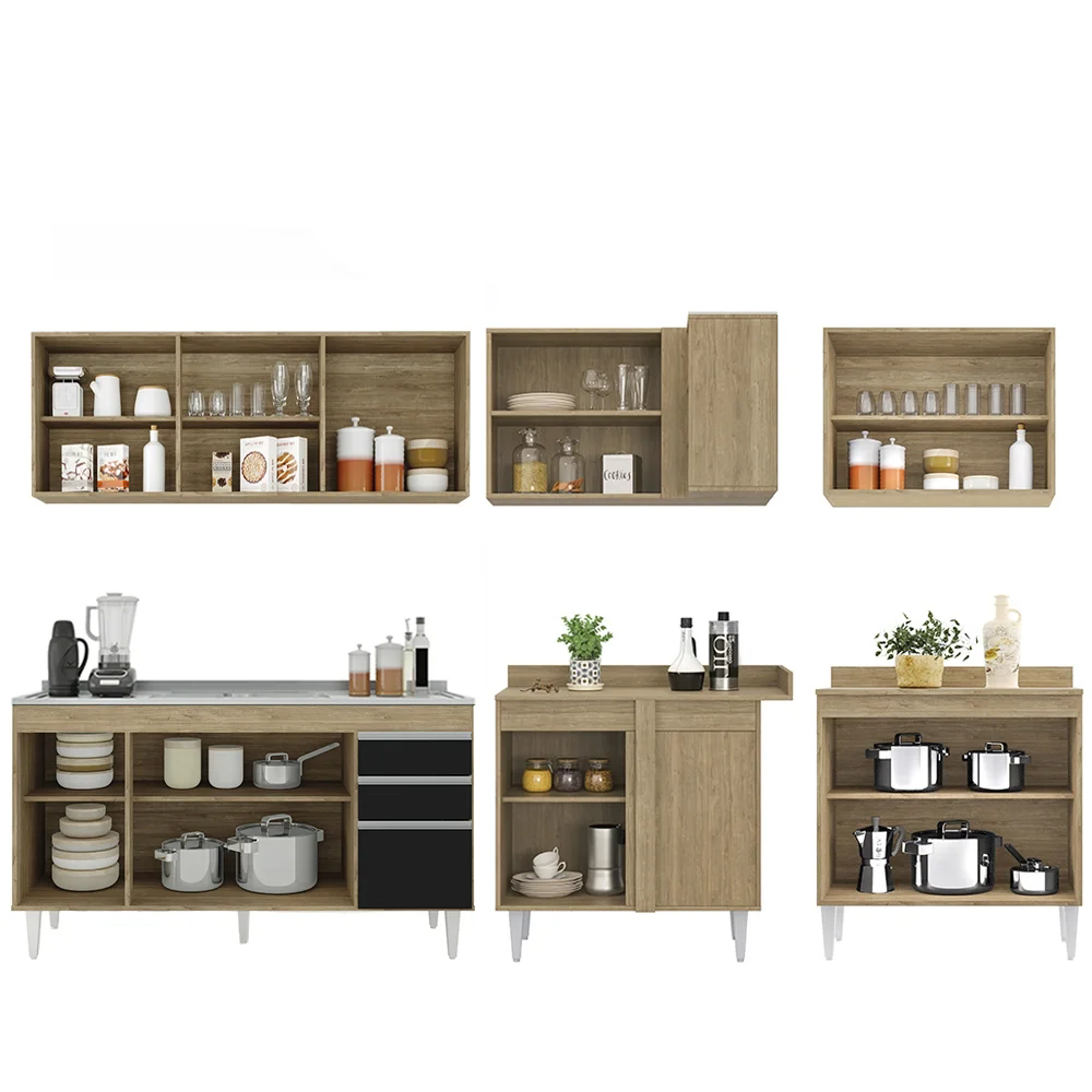 Armário de Cozinha Modulado de Canto 6 Peças CP33 com Pia Inox Castanho/Preto - Lumil