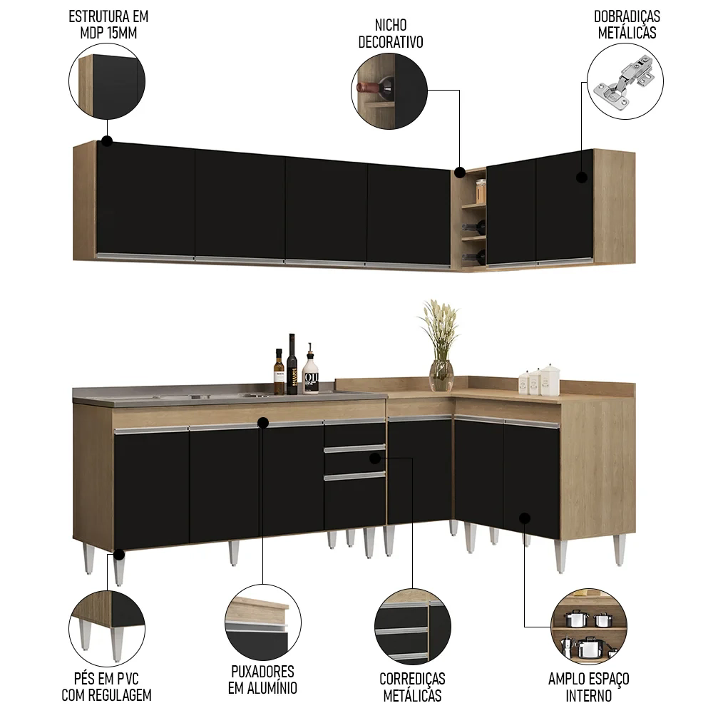 Armário de Cozinha Modulado de Canto 6 Peças CP33 com Pia Inox Castanho/Preto - Lumil