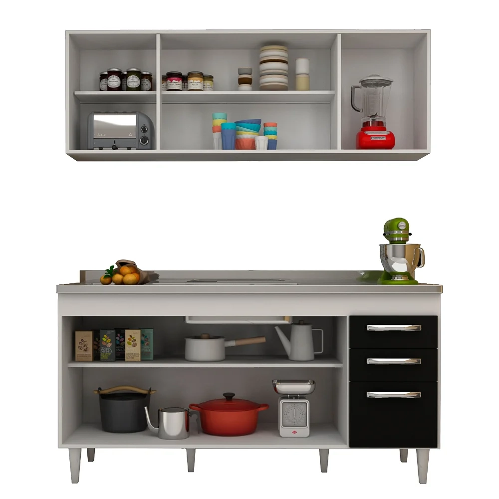 Armário Aéreo Panamá e Balcão Gabinete Áustria com Pia Inox 160cm Branco/Preto - Lumil Móveis