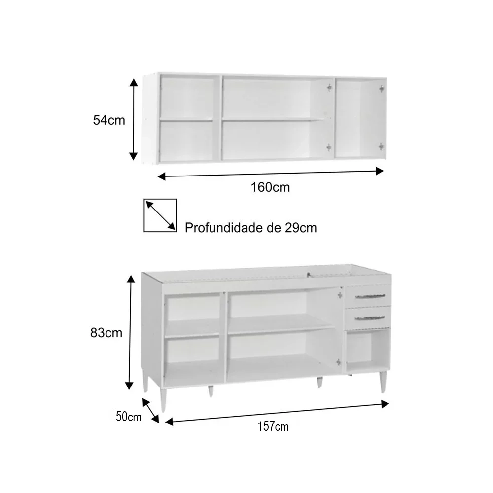 Armário Aéreo Panamá e Balcão Gabinete Áustria com Pia Inox 160cm Branco/Preto - Lumil Móveis