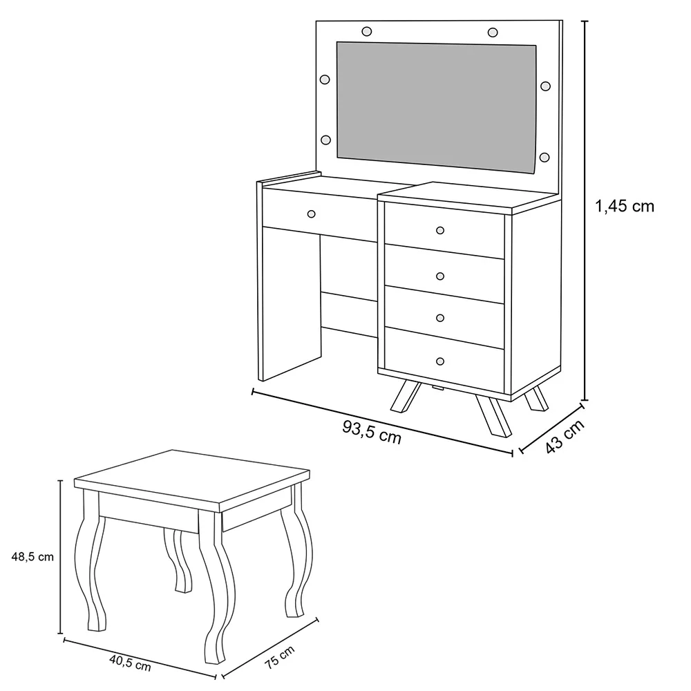 Penteadeira Camarim 5 Gavetas Com Banqueta Luna Branco - Móveis Lupi