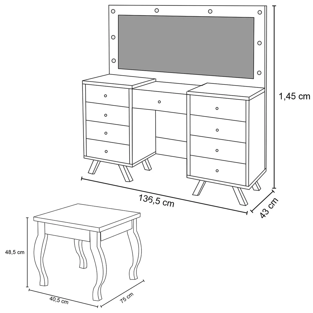 Penteadeira Camarim 8 Gavetas e Porta Joias Com Banqueta Mila Branco - Móveis Lupi