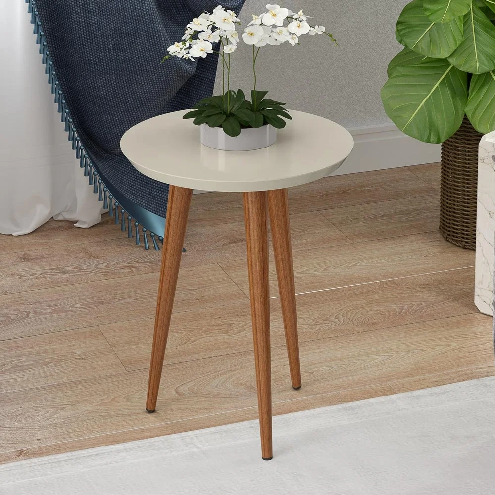 Conjunto Mesas Laterais Redondas Pés Madeira Luna Off White - Patrimar