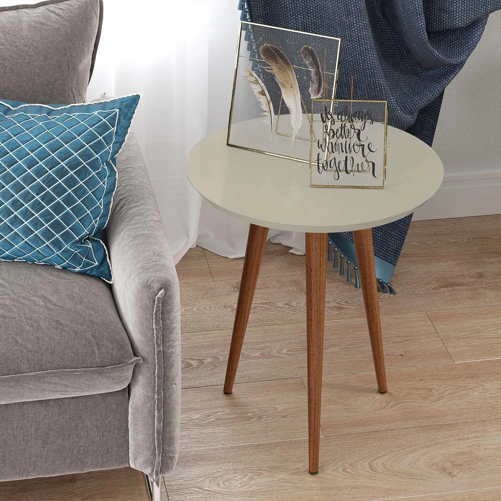 Conjunto Mesas Laterais Redondas Pés Madeira Luna Off White - Patrimar