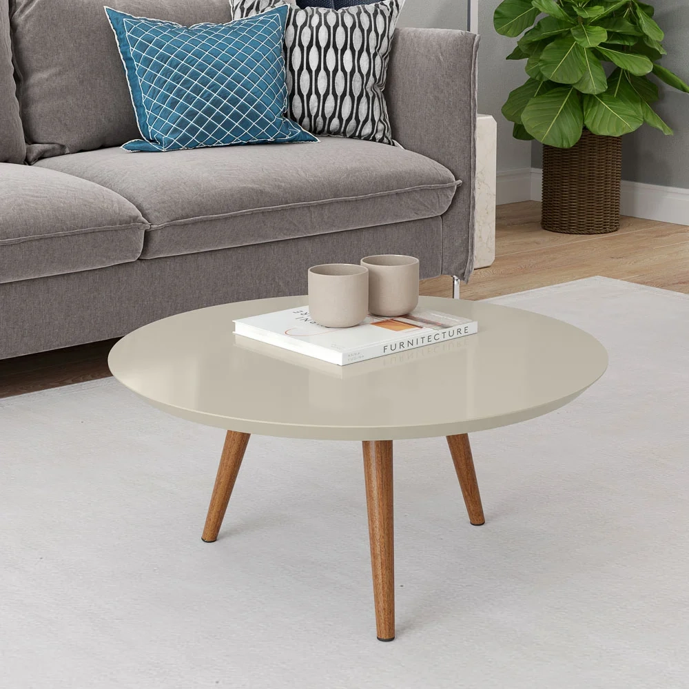 Conjunto Mesas de Centro Redondas Pés Madeira Luna Off White - Patrimar