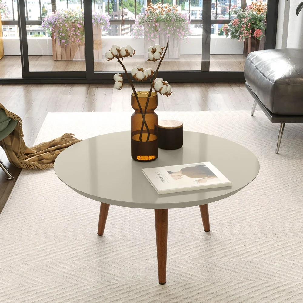 Conjunto Mesas de Centro Redondas Pés Madeira Luna Off White - Patrimar