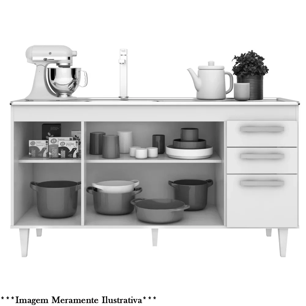 Balcão Gabinete Para Pia 150cm 4 Portas 2 Gavetas Com Tampo Lis L03 Branco/Castanho - Mpozenato