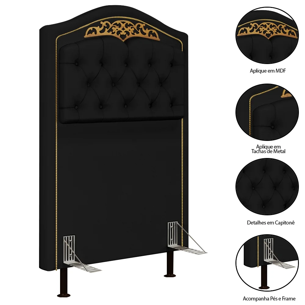 Cabeceira Cama Box Solteiro 90cm Com Calçadeira Baú Imperial J02 Sintético Preto - Mpozenato