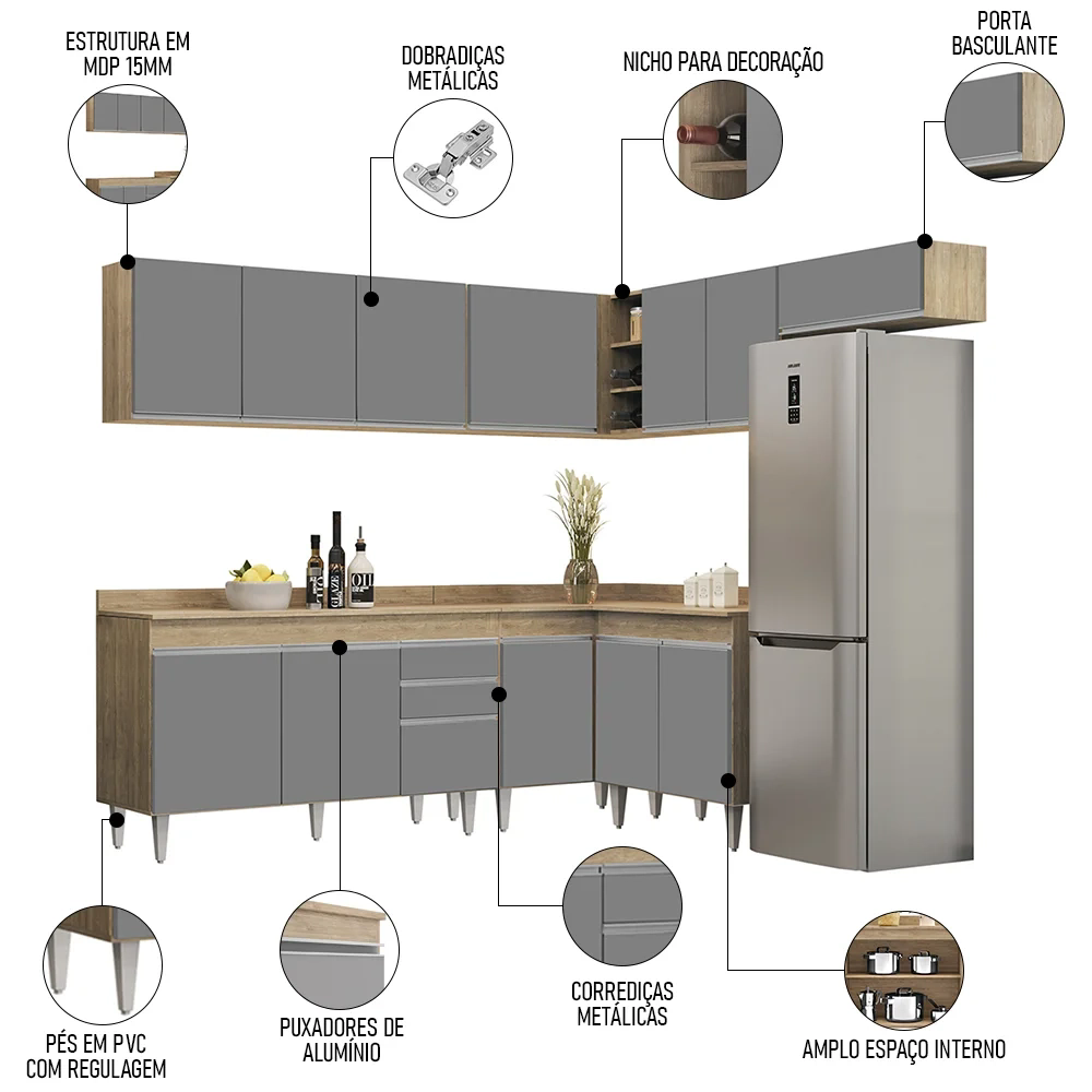 Armário de Cozinha Modulado de Canto 7 Peças CP23 Balcão com Tampo Castanho/Cinza - Lumil