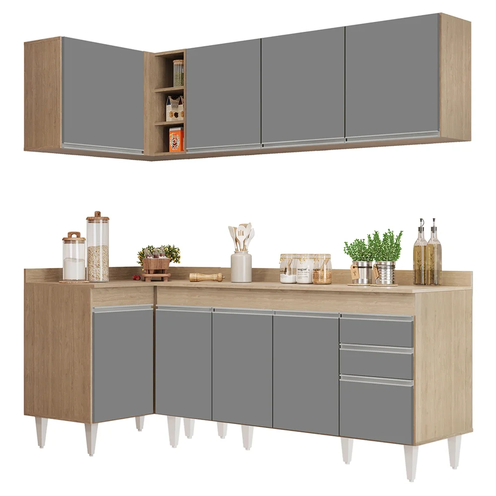 Armário de Cozinha Modulado de Canto Direito 4 Peças CP41 Balcão com Tampo Castanho/Cinza - Lumil