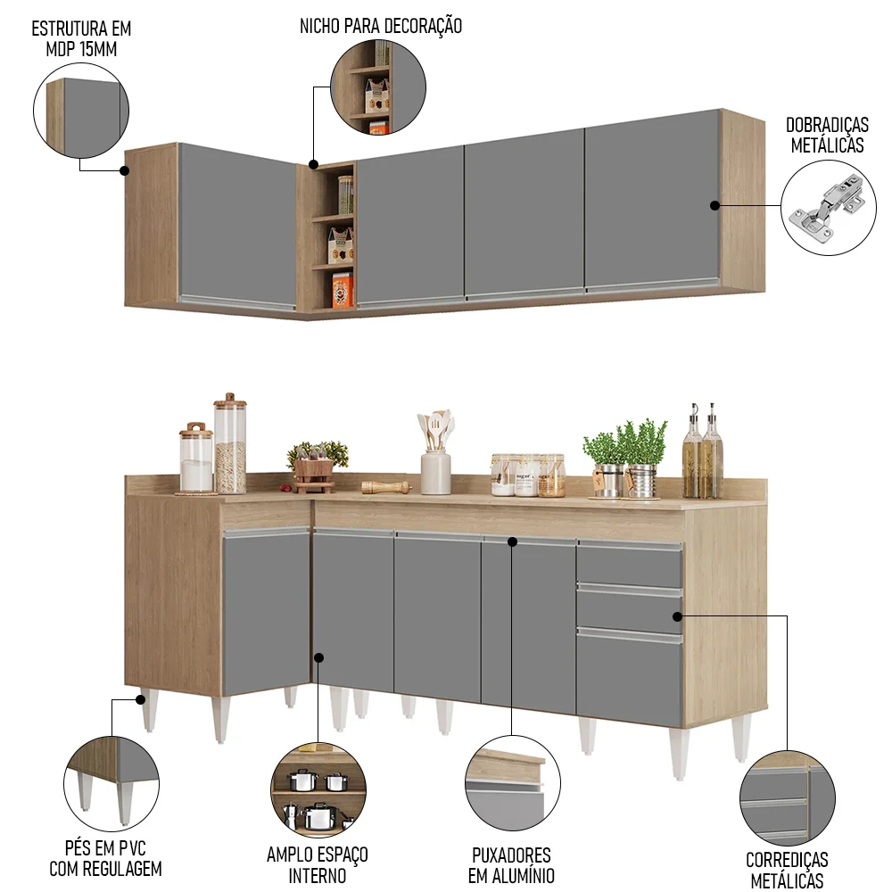 Armário de Cozinha Modulado de Canto Direito 4 Peças CP41 Balcão com Tampo Castanho/Cinza - Lumil
