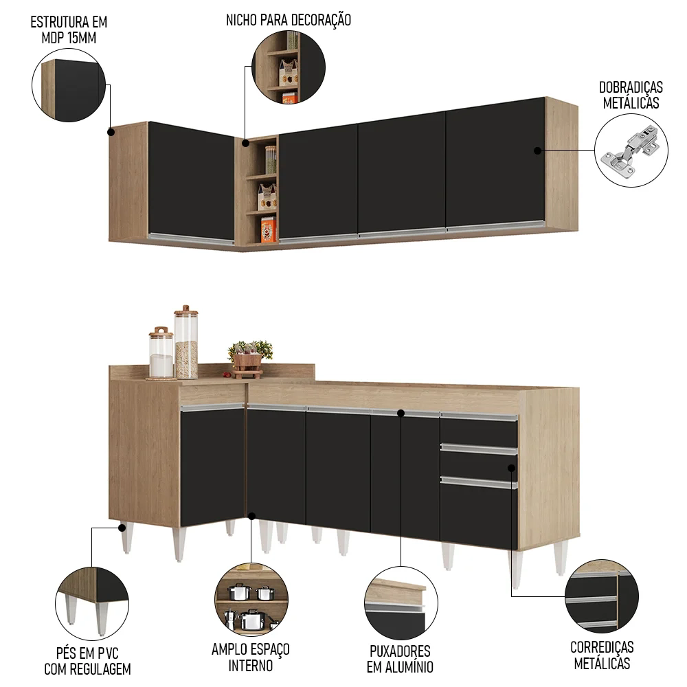 Armário de Cozinha Modulado de Canto Direito 4 Peças CP40 Balcão sem Tampo Castanho/Preto - Lumil