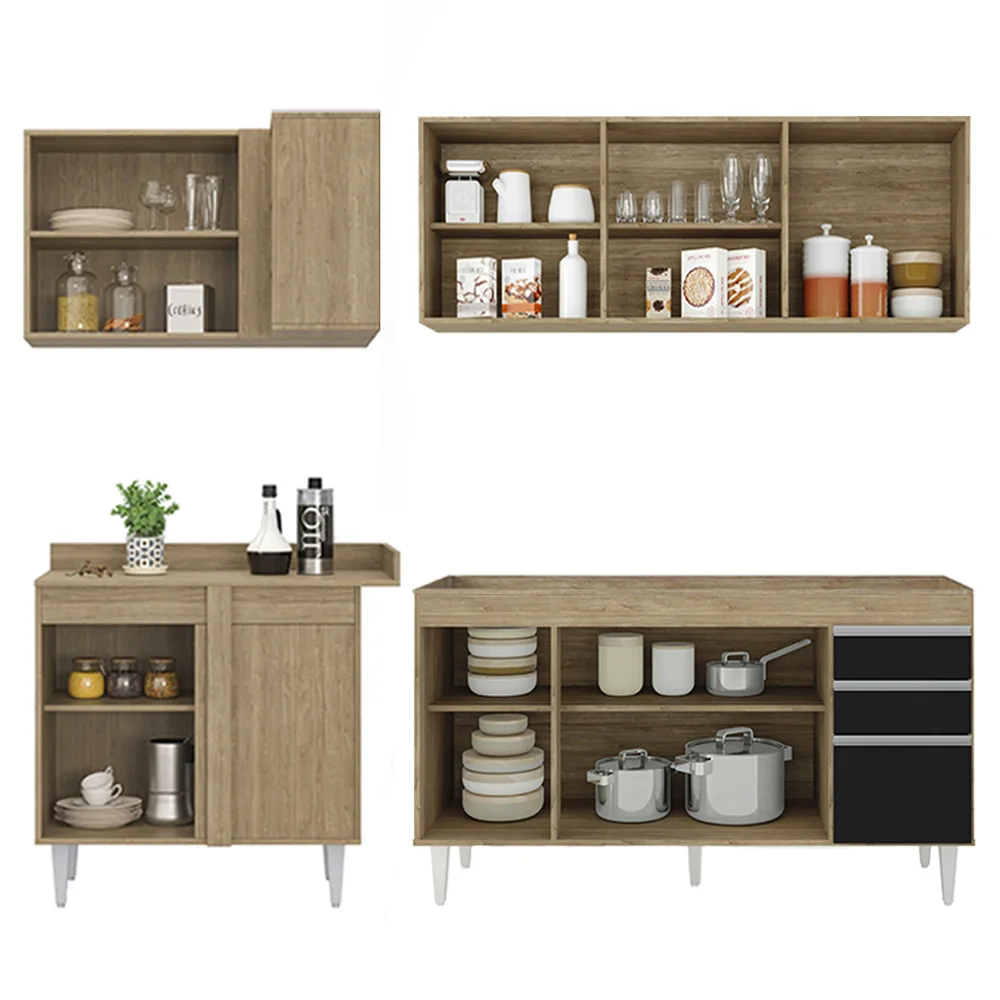 Armário de Cozinha Modulado de Canto Direito 4 Peças CP40 Balcão sem Tampo Castanho/Preto - Lumil