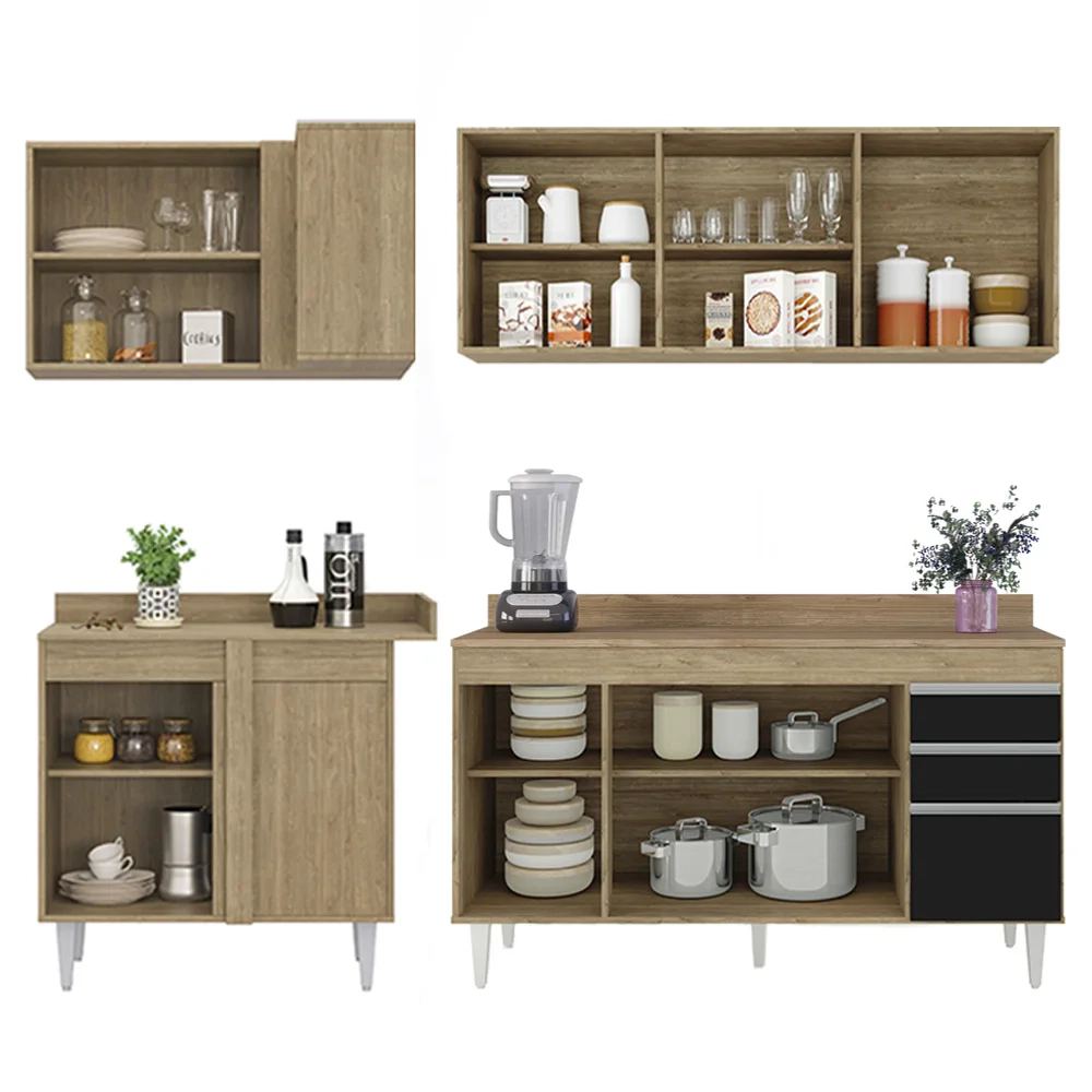 Armário de Cozinha Modulado de Canto Direito 4 Peças CP41 Balcão com Tampo Castanho/Preto - Lumil