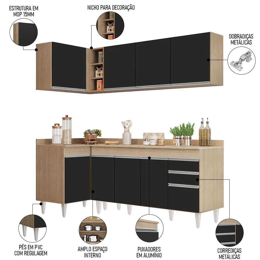 Armário de Cozinha Modulado de Canto Direito 4 Peças CP41 Balcão com Tampo Castanho/Preto - Lumil