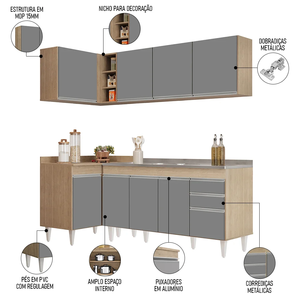 Armário de Cozinha Modulado de Canto Direito 4 Peças CP42 com Pia Inox Castanho/Cinza - Lumil