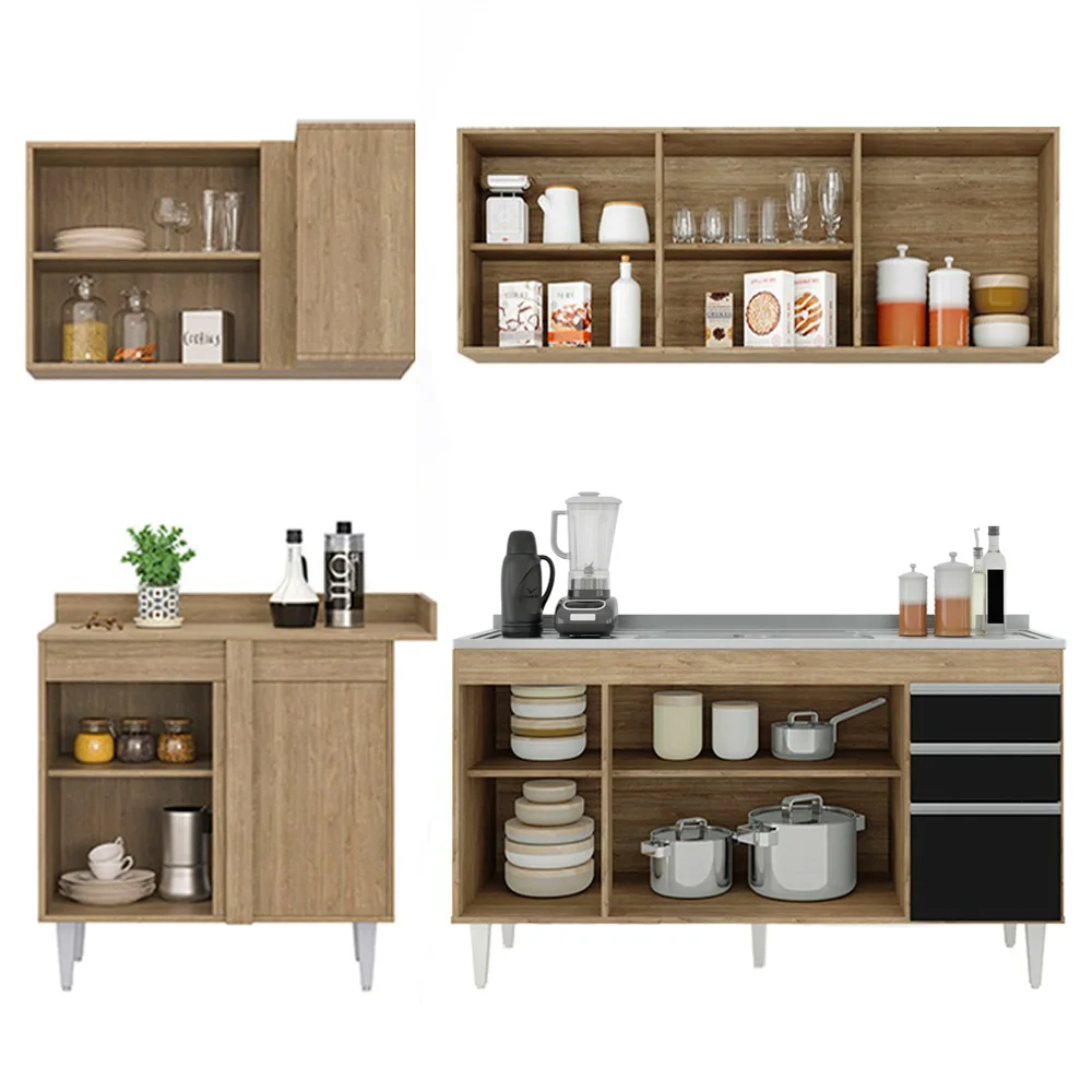Armário de Cozinha Modulado de Canto Direito 4 Peças CP42 com Pia Inox Castanho/Preto - Lumil