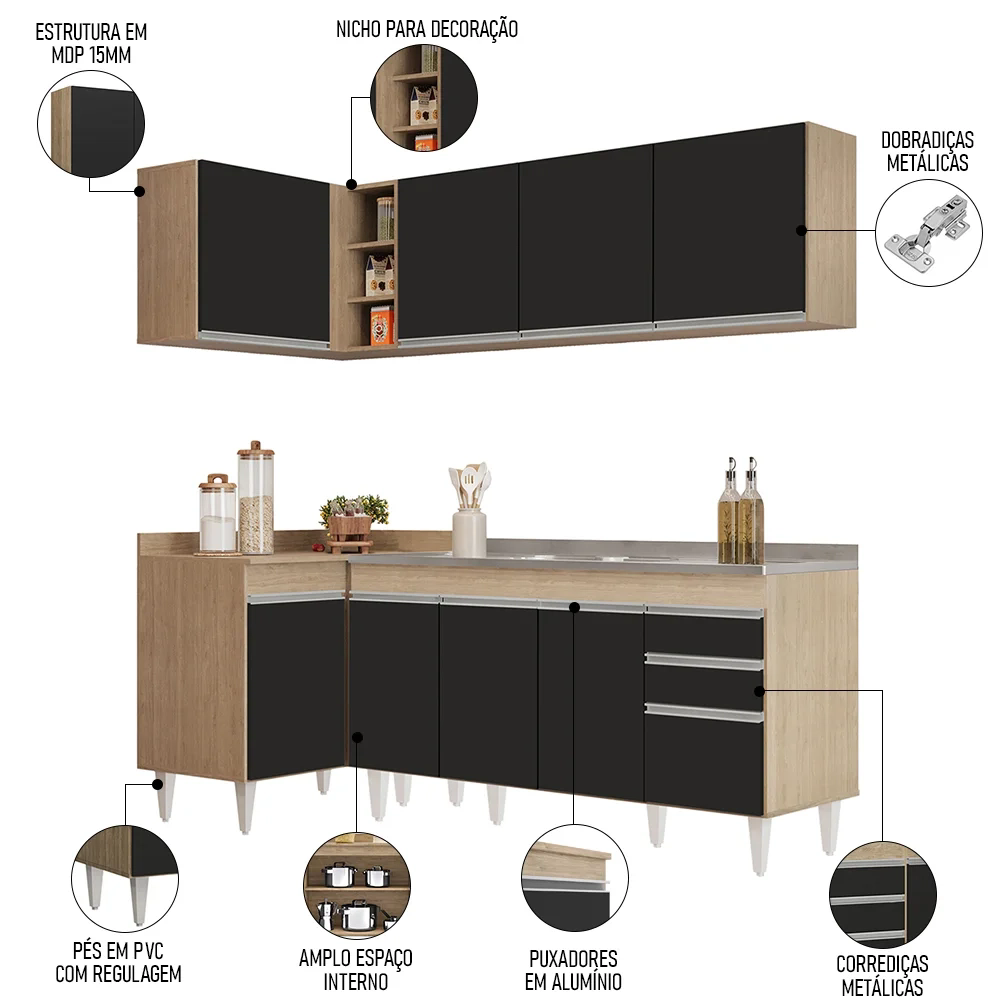 Armário de Cozinha Modulado de Canto Direito 4 Peças CP42 com Pia Inox Castanho/Preto - Lumil