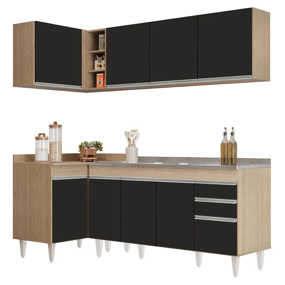 Armário de Cozinha Modulado de Canto Direito 4 Peças CP42 com Pia Inox Castanho/Preto - Lumil