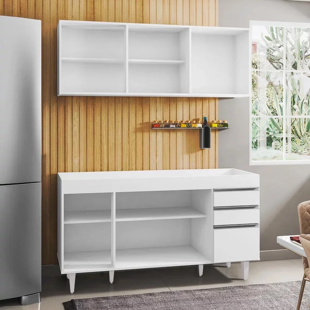 Armário Aéreo Argélia e Balcão Gabinete Para Pia 150cm sem Tampo Marrocos Branco - Lumil Móveis