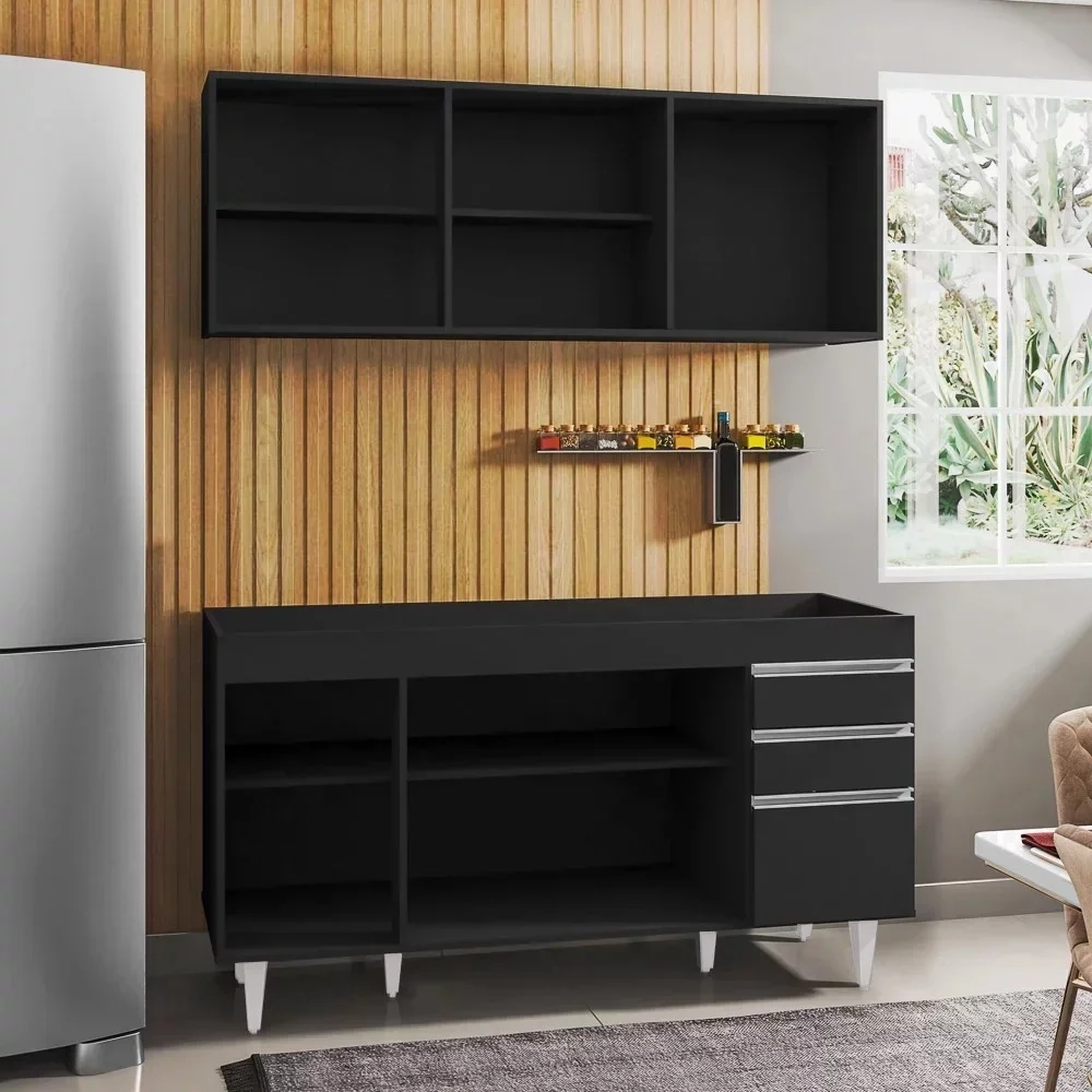 Armário Aéreo Argélia e Balcão Gabinete Para Pia 150cm sem Tampo Marrocos Preto - Lumil Móveis