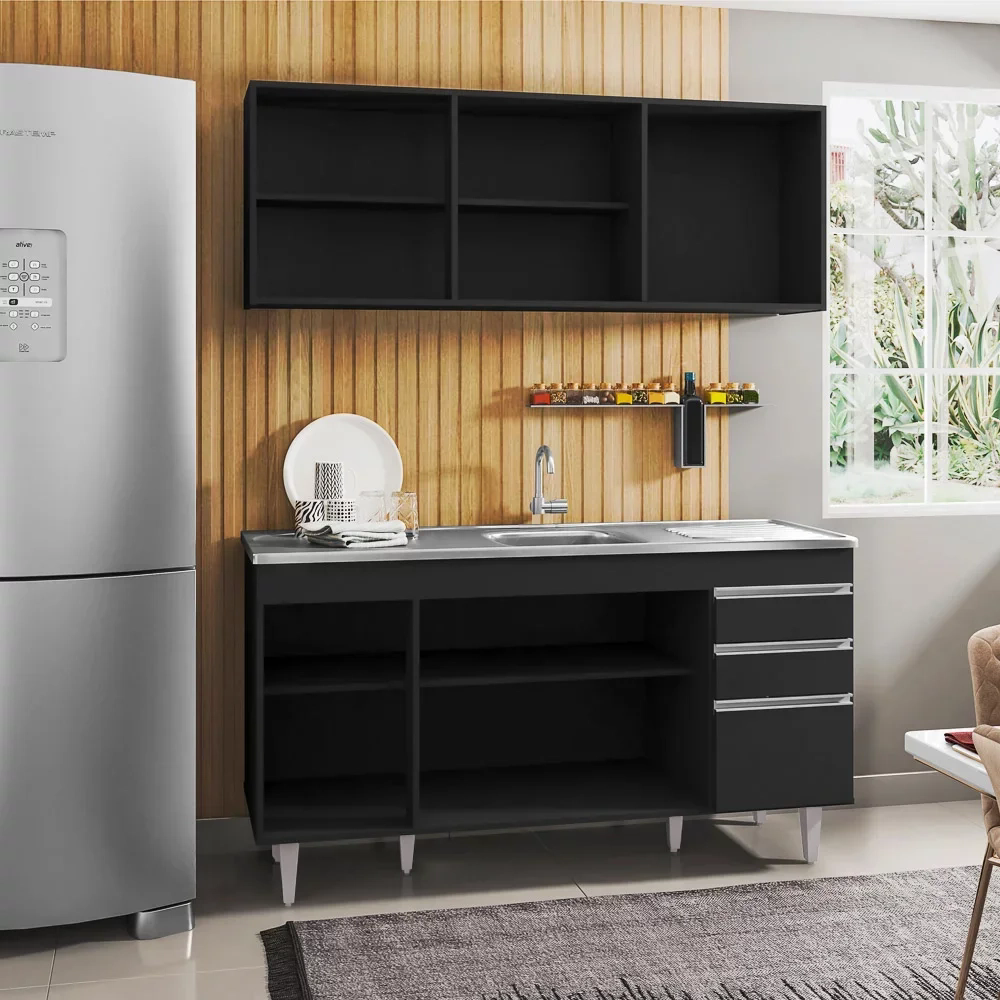 Armário Aéreo Argélia e Balcão Gabinete com Pia Inox Marrocos 150cm Preto - Lumil Móveis