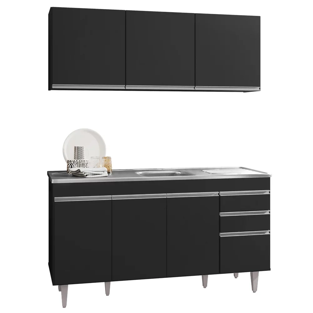 Armário Aéreo Argélia e Balcão Gabinete com Pia Inox Marrocos 150cm Preto - Lumil Móveis