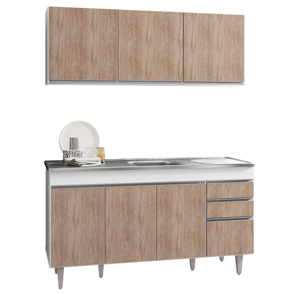 Armário Aéreo Argélia e Balcão Gabinete com Pia Inox Marrocos 150cm Branco/Castanho - Lumil Móveis