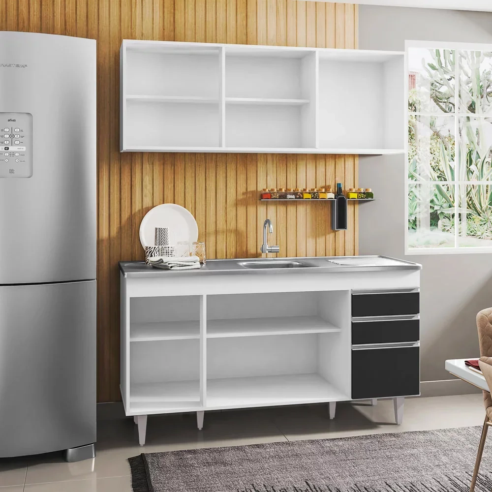 Armário Aéreo Argélia e Balcão Gabinete com Pia Inox Marrocos 150cm Branco/Preto - Lumil Móveis