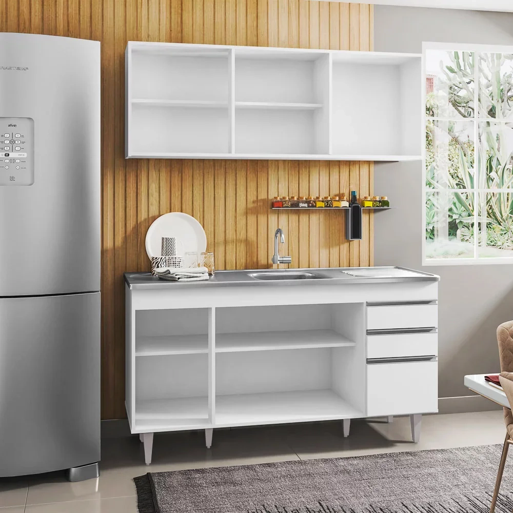 Armário Aéreo Argélia e Balcão Gabinete com Pia Inox Marrocos 150cm Branco - Lumil Móveis