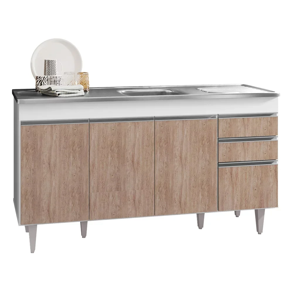 Balcão Gabinete com Pia Inox 150cm 4 Portas 2 Gavetas Marrocos Branco/Castanho - Lumil